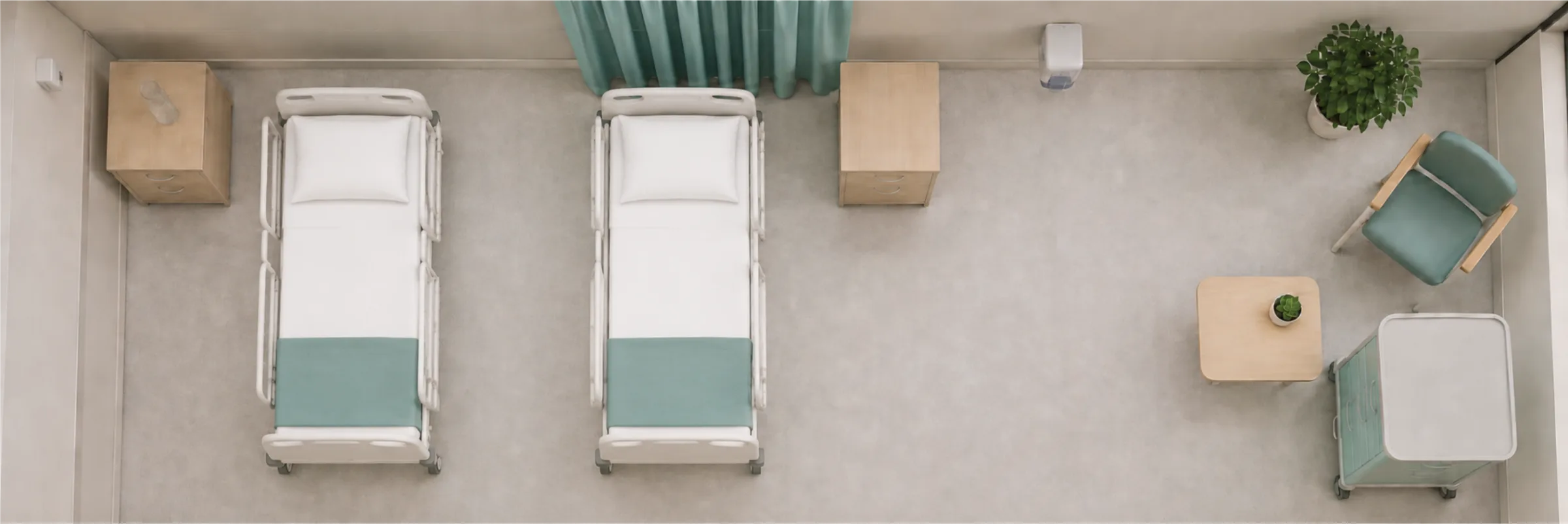 Same clinical room with both hospital beds fully made
