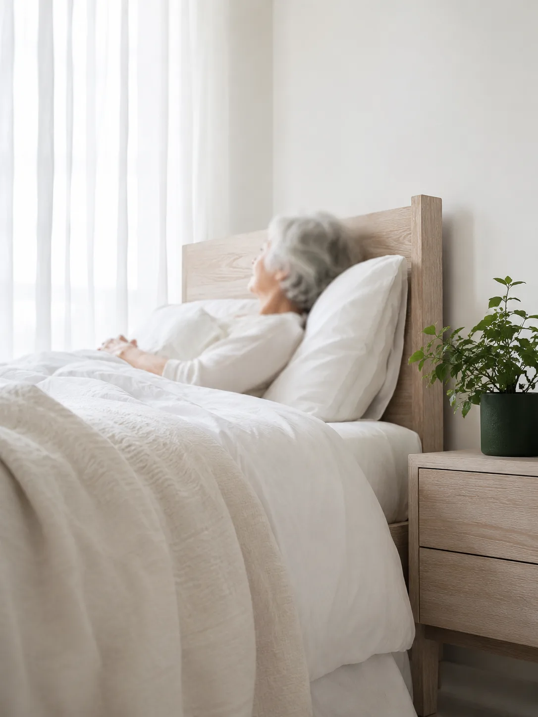 An older woman resting in a light-filled bedroom